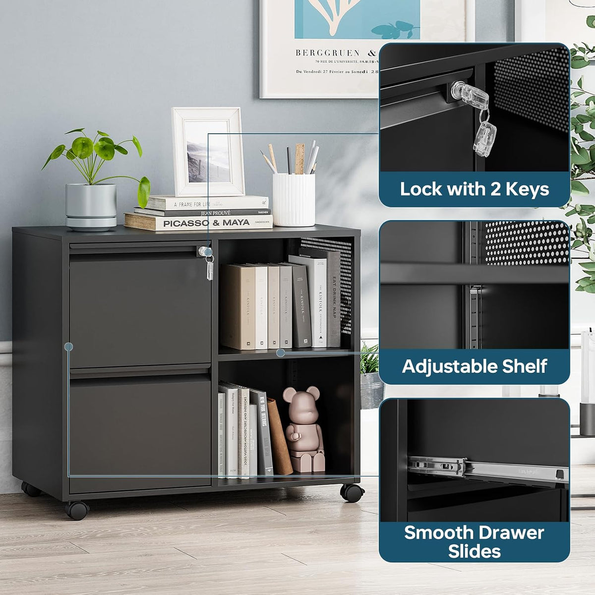 miiiko 2 drawer file cabinet with lock, metal showing dimensions