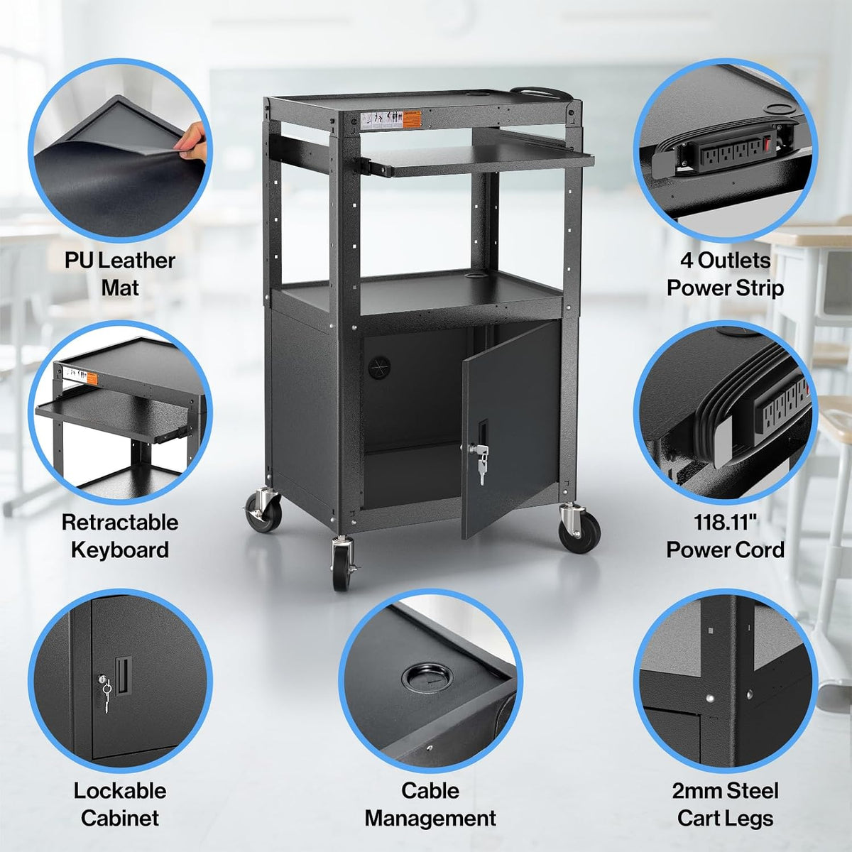 POCHAR Steel Large AV Cart with Locking Cabinet - Adjustable Height Media Carts with Wheels, Pullout Tray, Power Strip for Mobile Work Station - Rolling Computer Cart for Office Classroom Presentation