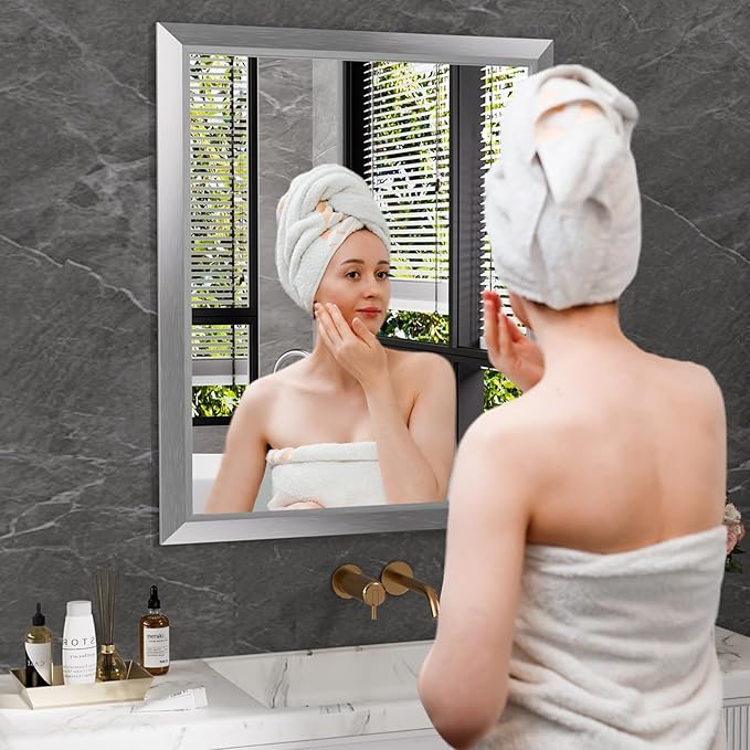 Amorho 28x36 Inch Bathroom Mirror Silver, Thick Metal Framed Wall Mirrors