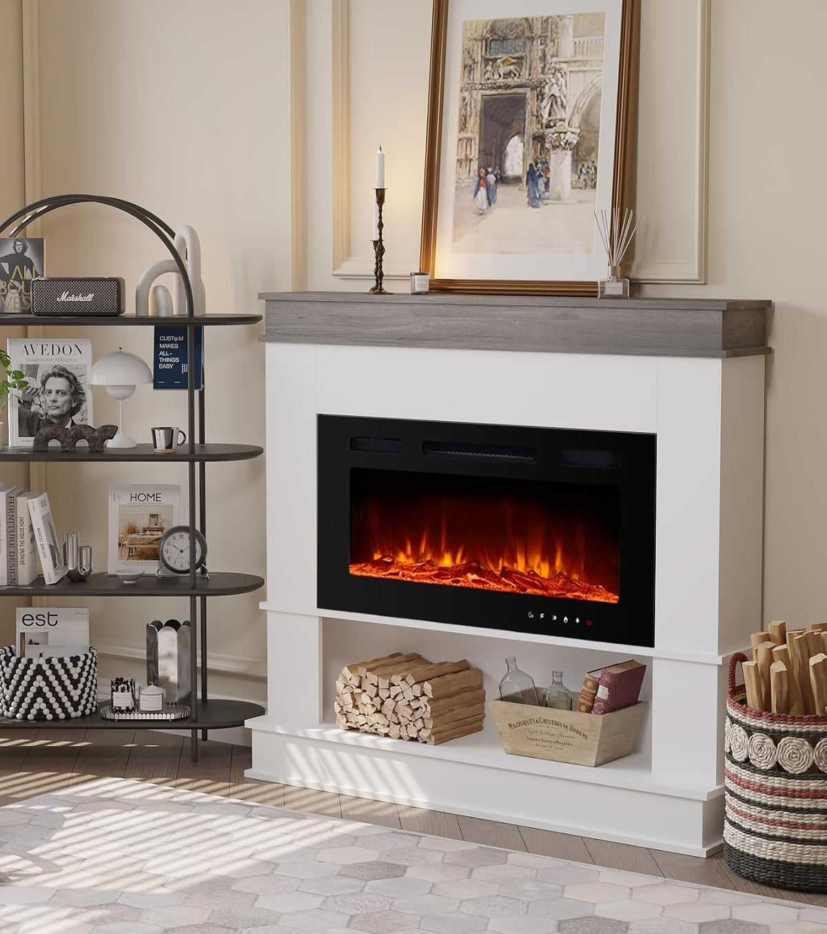 49" Electric Fireplace with Mantel,Freestanding Fireplace Heater