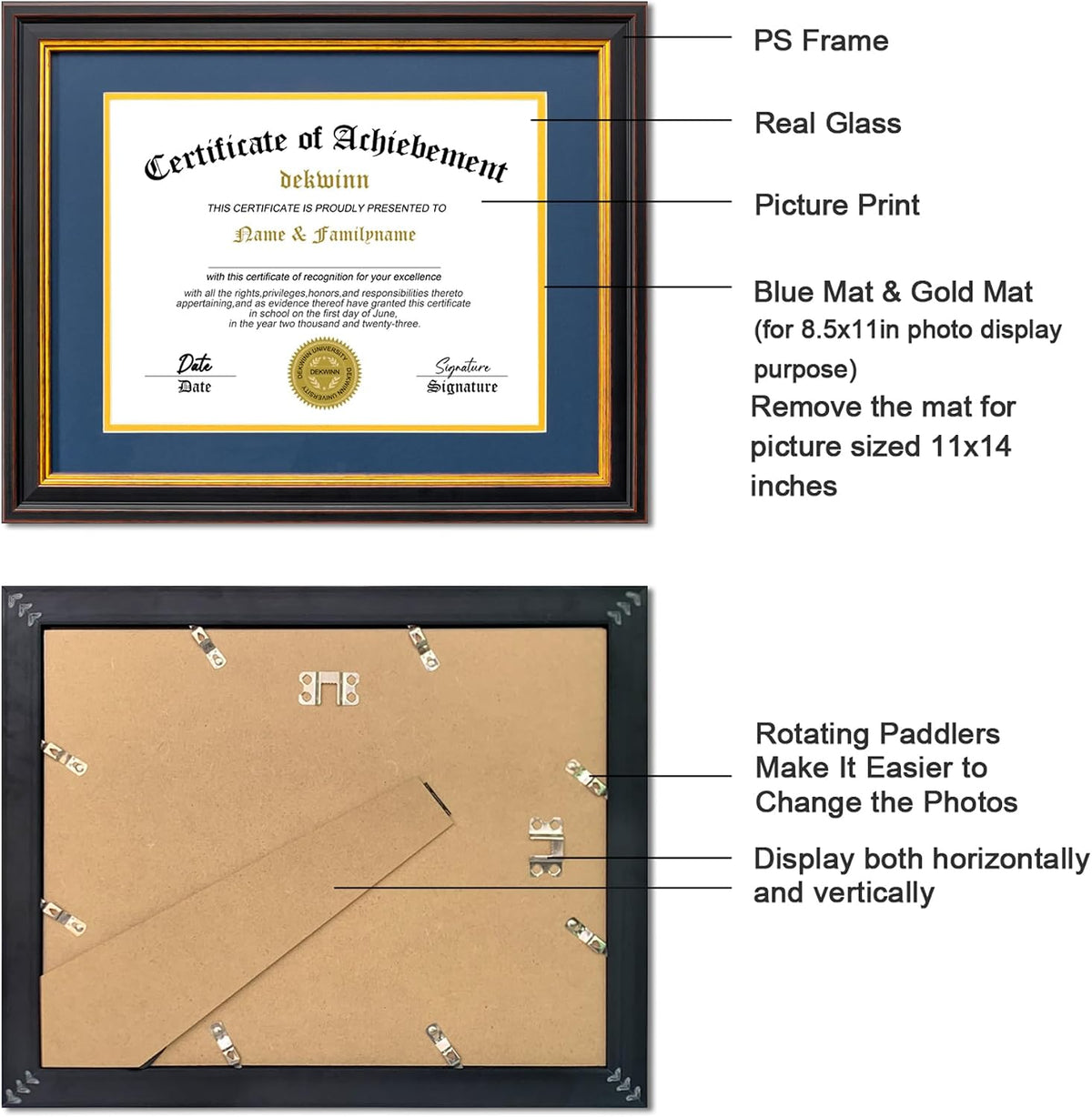 Diploma Frames 8.5x11 with Mat or 11x14 without Mat,4 Pack Certificate Document Frame with Real Glass,Black Gold & Burgundy Molding(Blue/Gold Double Mat)