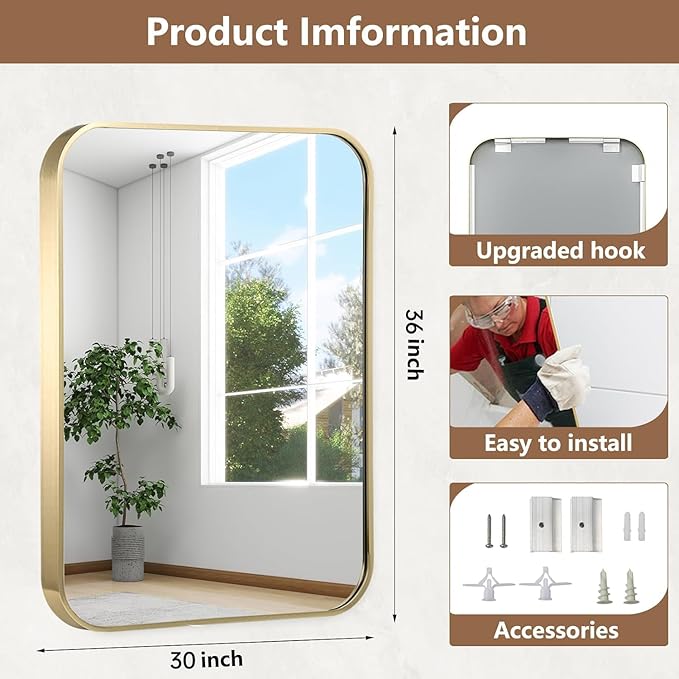30x36 Inch Gold Bathroom Mirror, Brushed Gold Metal Framed Rectangular Mirror