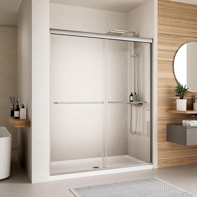 Shower Door, 56-60" W x 70" H Semi-Frameless Double Sliding Glass Shower Door