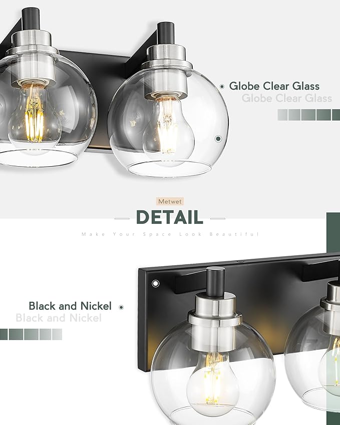 METWET Bathroom Light Fixtures, 3-Light Black and Brushed Nickel Bathroom