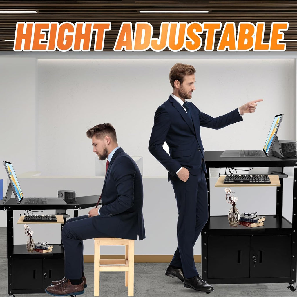 Large Steel AV Cart with Locking Cabinet and Pullout Keyboard Tray, Adjustable-Height Rolling Media Cart with Wheels & Power (54"x18"x43")