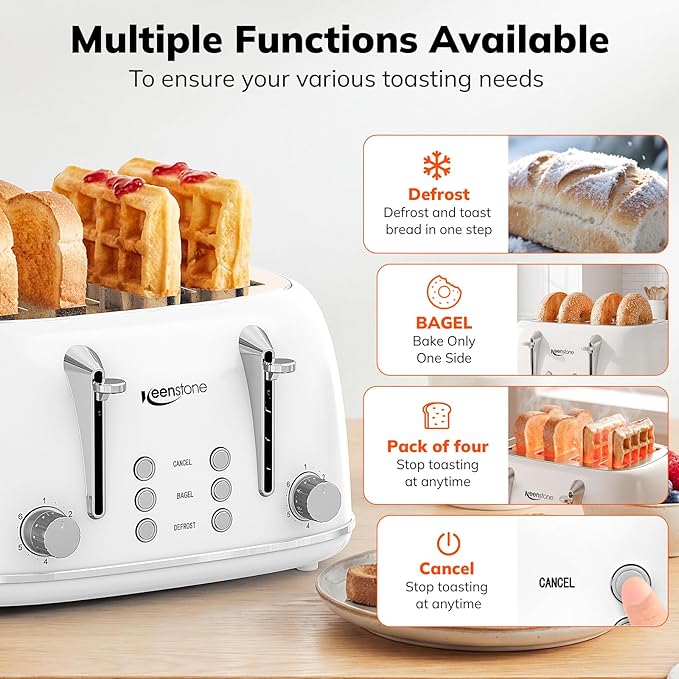 Keenstone Toaster 4 Slice, Retro Stainless Steel Wide Slot Toaster