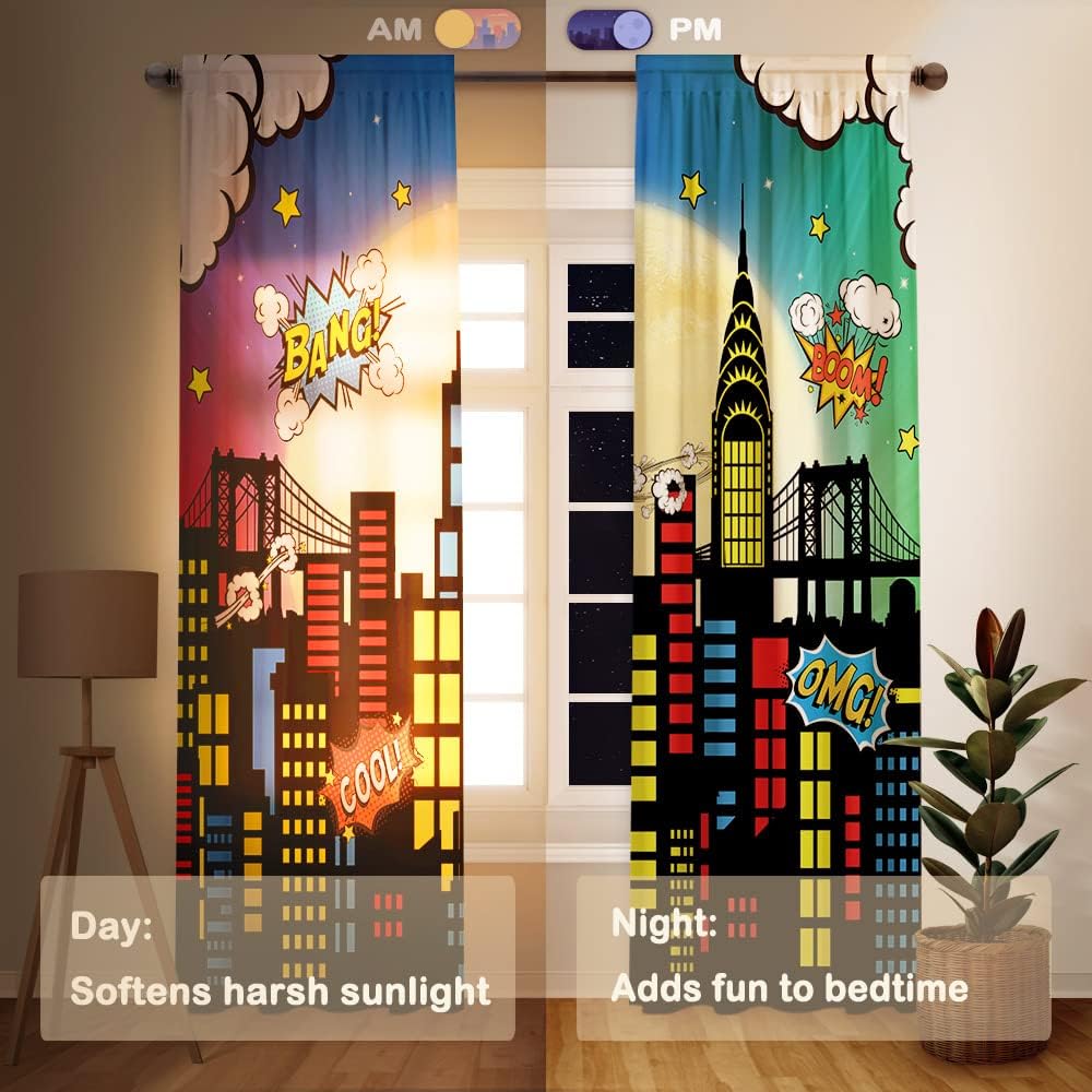 Allenjoy Superhero Super City Skyline Buildings Children Window Curtains for Kids Baby Room Bedroom Nursery Toddler Home Office Decor Decorations Durable Fabric Machine Washable 82 in x 84 in