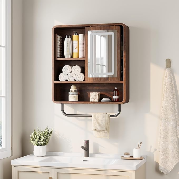 QUW Bathroom Wall Cabinet with Sliding Mirror Door, Modern Medicine Cabinet