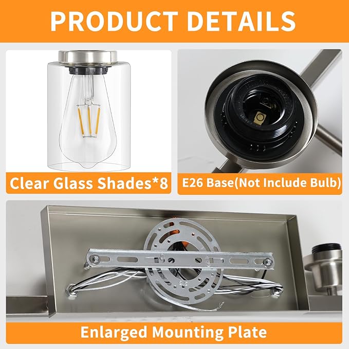 DIKAIDA 52inch Brushed Nickel Vanity Light Fixtures, 8 Light Brushed Nickel