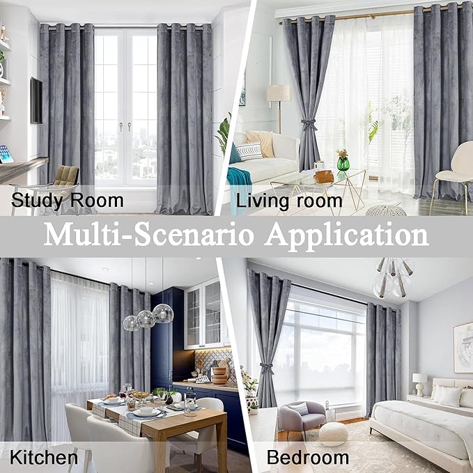 JIUZHEN Grey 60 x 96 inches Velvet Blackout Curtains