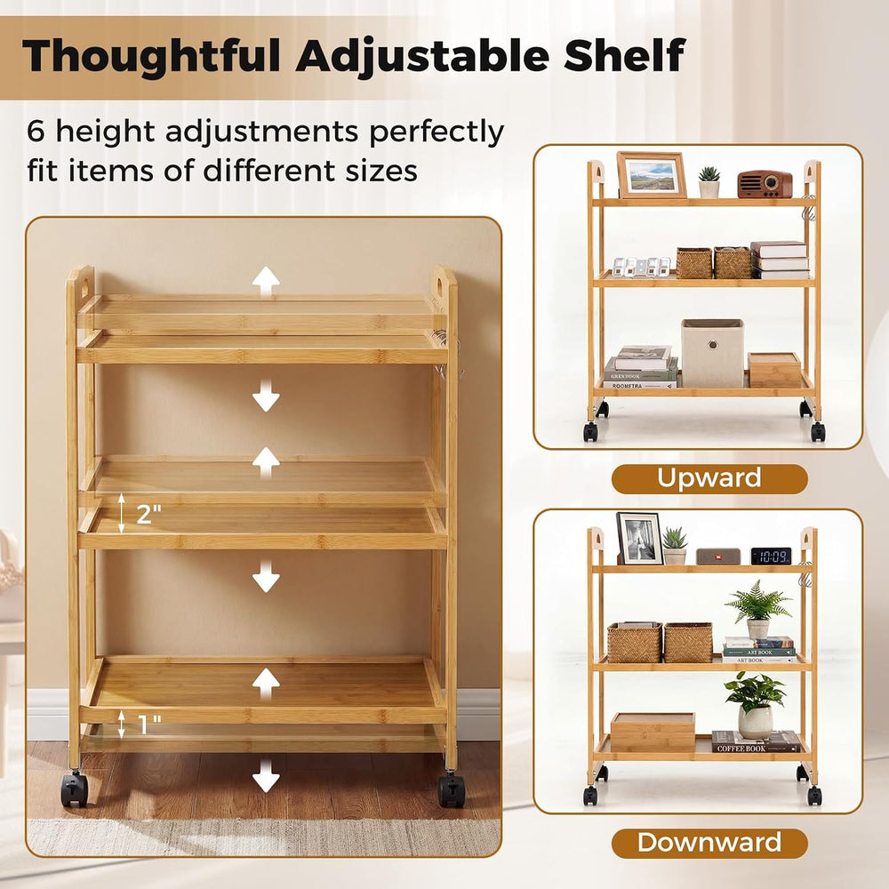 GIANTEX 3-Tier Rolling Storage Cart, Bamboo Utility Cart w/ 3 Side Hooks &amp...