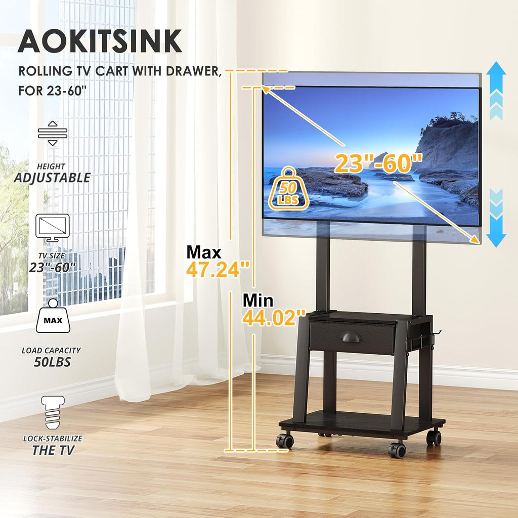 Mobile TV Stand with Drawer for 23-60 Inch TVs,Tilt Rolling TV Cart on Wheels with 2 Shelves Adjustable Height Portable TV Stand for Bedroom/Living Room Holds up to 50 lbs Max VESA 400x400mm