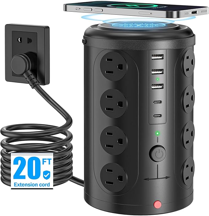Tower Power Strip with 15W Wireless Charger, 20FT Extension Cord, 16 AC Outlets