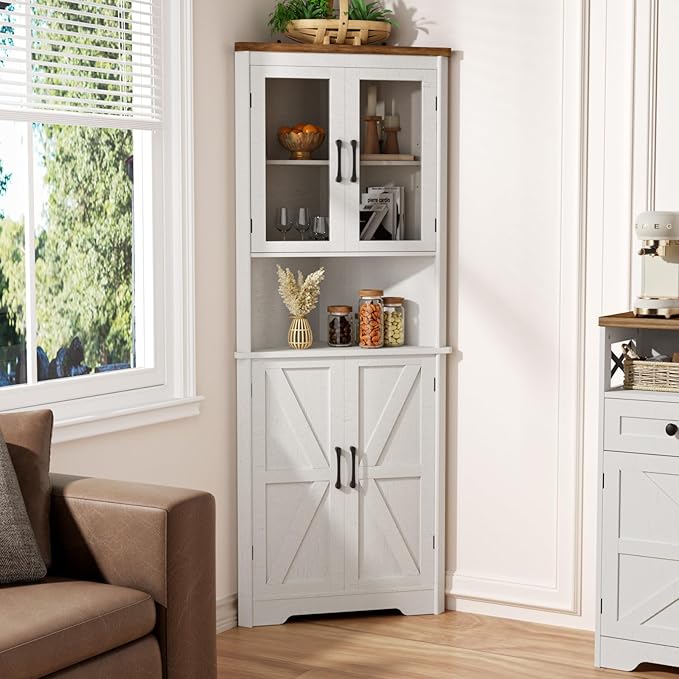 67''H Tall Corner Cabinet with 4 Tempered Glass Doors and Barn Doors, Farmhouse