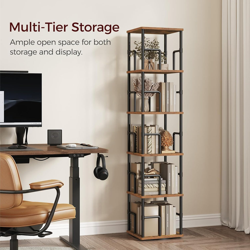 MAHANCRIS 5-Tier Rotating Bookshelf, Freestanding Corner Bookshelf, 360° Spinning Bookcase, Industrial Style Storage Rack with Rails, for Living Room, Bedroom, Study, Rustic Brown and Black BKHR1601