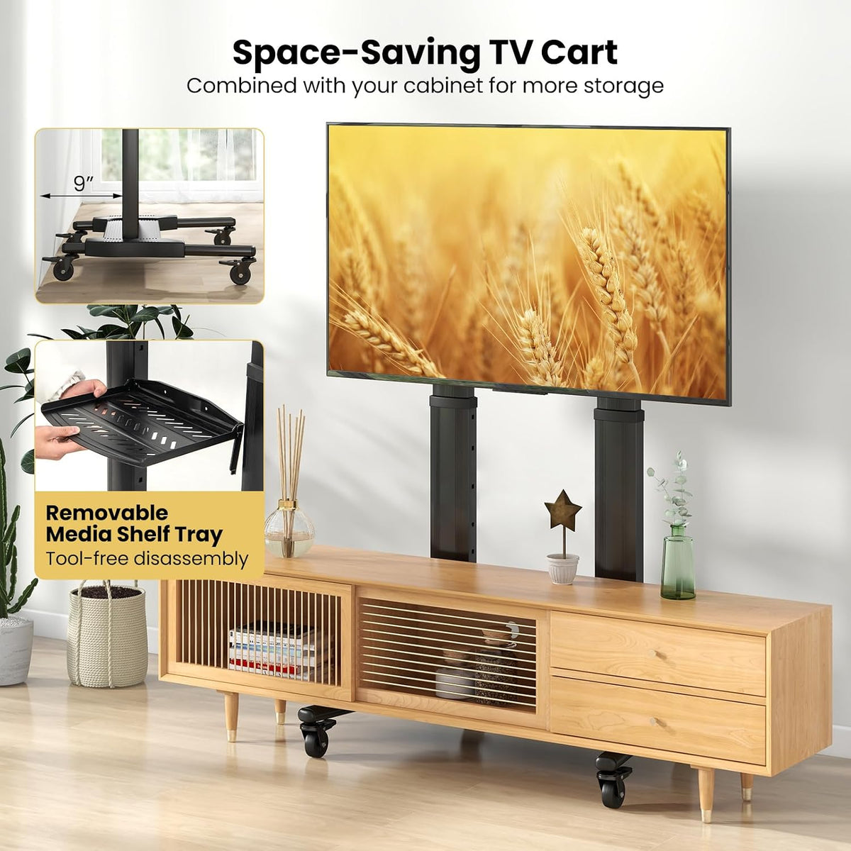 Goplus Rolling TV Stand for 32"-85" Flat Curved LED/LCD/OLED TVs up to 132 LBS, Height Adjustable TV Cart w/Locking Wheels, Shelf Cable Management Holes, Mobile Floor TV Trolley Max VESA 400 x 700 mm