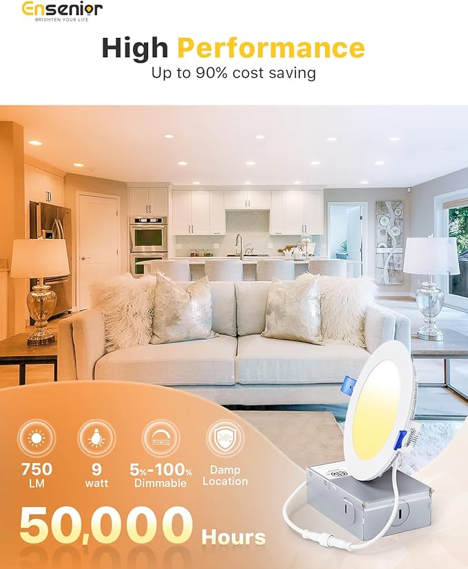 Ensenior 12 Pack 4 Inch LED Recessed Ceiling Light, 2700K-5000K 5CCT, 750LM 9W