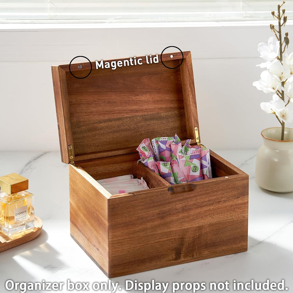 Acacia Wood Tampon Holder for Bathroom, Feminine Product Organizer with Hinged Lid, 2-Compartment Shark Week Period Box, Pad&Tampon Organizer, Girl Stuff Box for Bathroom Storage