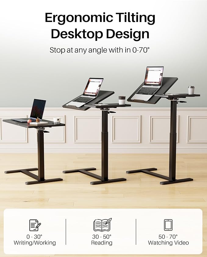 Overbed Table with Wheels, Pneumatic Height Adjustable Overbed Bedside Table