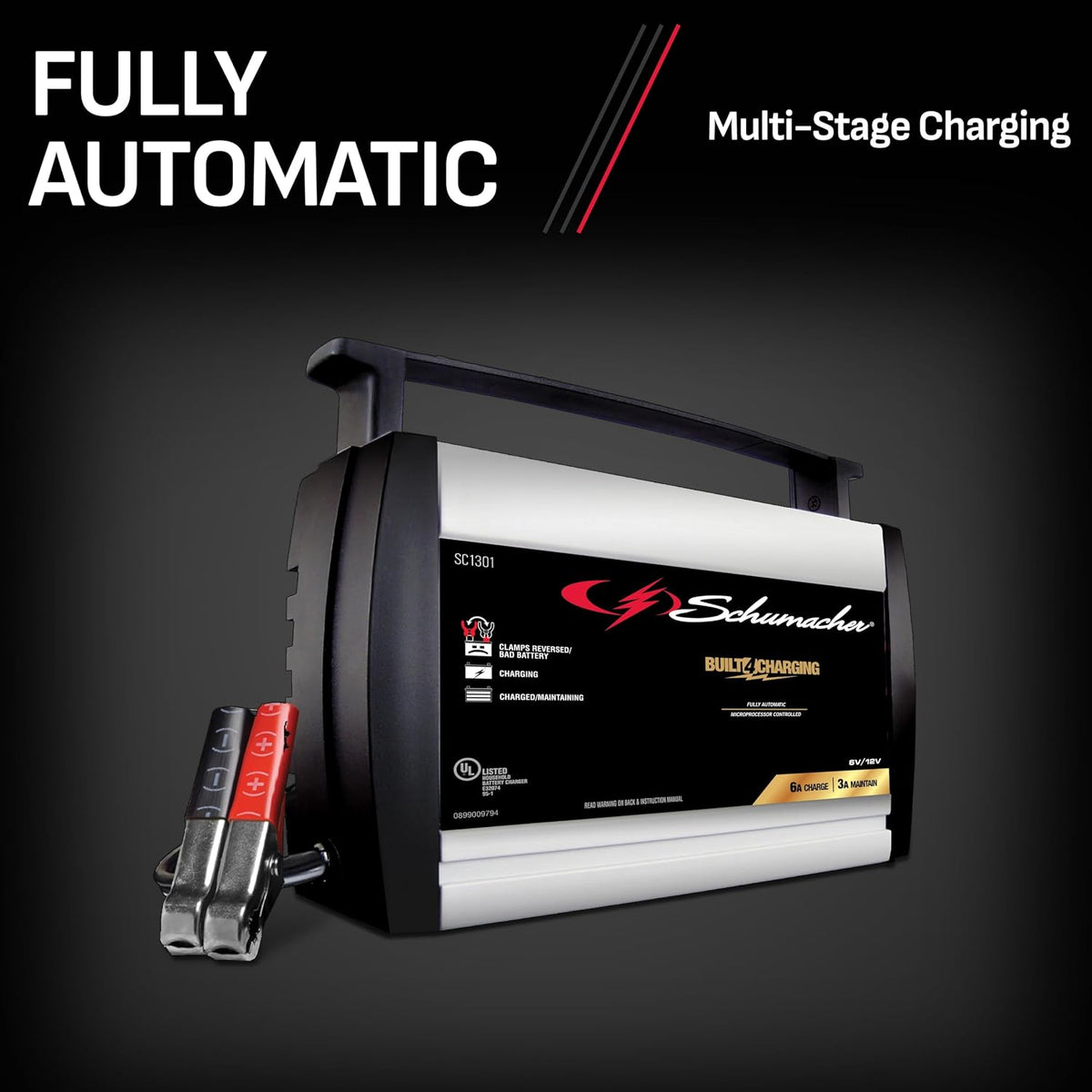 Schumacher Electric Battery Charger and Maintainer, SC1301, 3-in-1, Fully Automatic, 6 Amps, 6 Volt, 12 Volt, for Car, Power Sport, Truck, and Marine Batteries