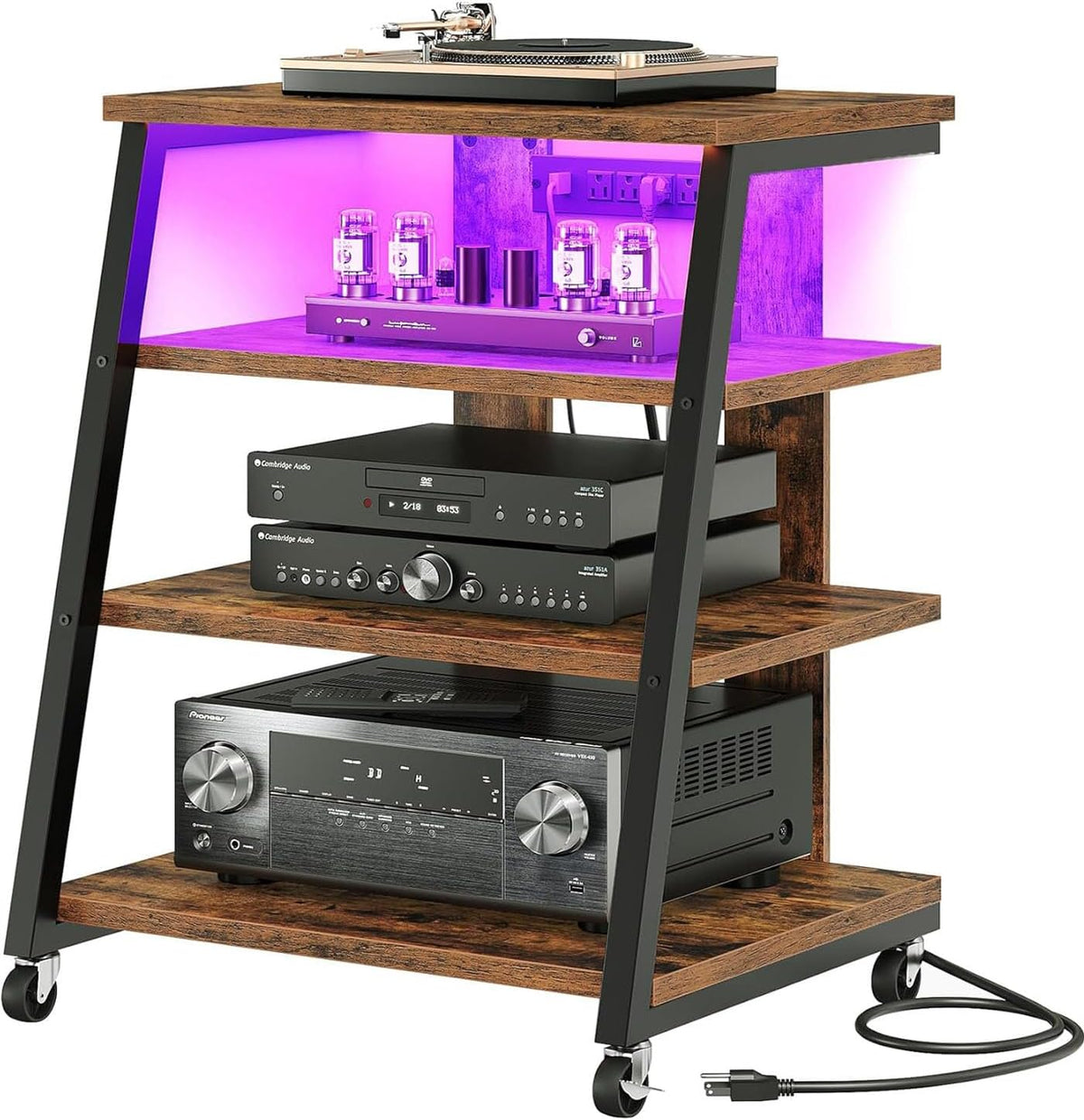 CHOEZON 4-Tier AV Media Stand with Wheels, Stereo Stands, Media Console Shelf with Power Strips, LED Lights, Wooden Audio Cabinet Rack Tower, Rustic Brown and Black TCJ60UDBF