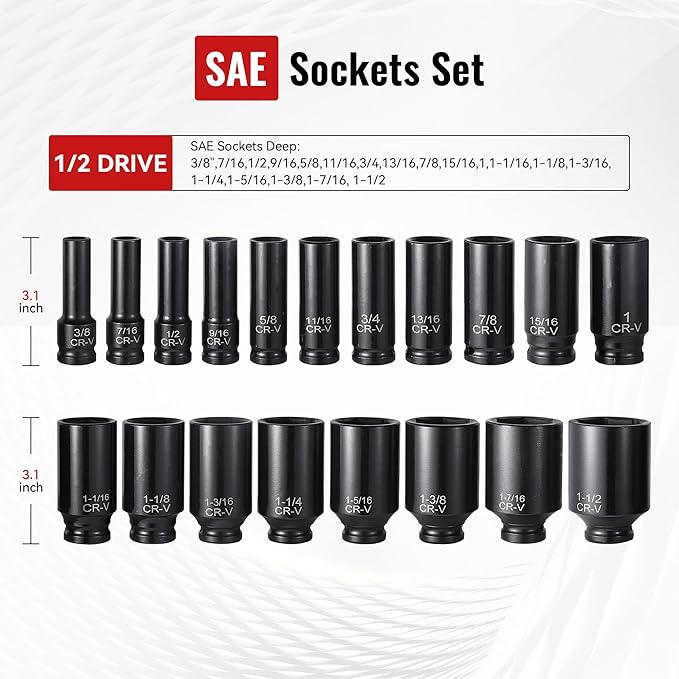 25-Piece 1/2" Drive Socket Set, Deep Sockets, Extension Bars, 1/2" F to 3/8" M
