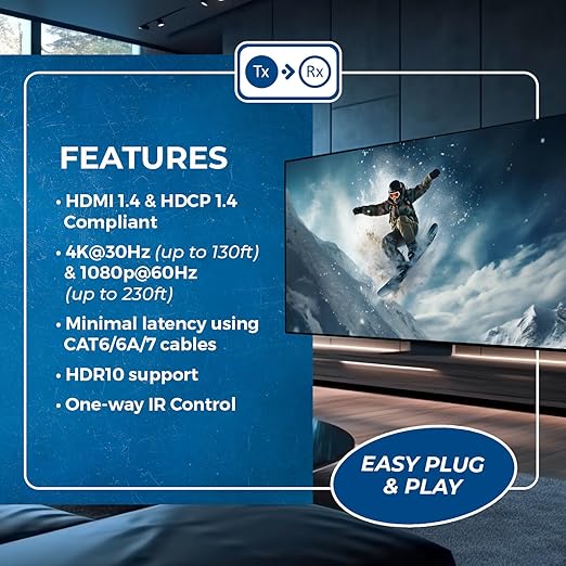 OREI HDMI Over Ethernet Extender Over Single CAT6/7 Ethernet Cable 4K@30Hz Up