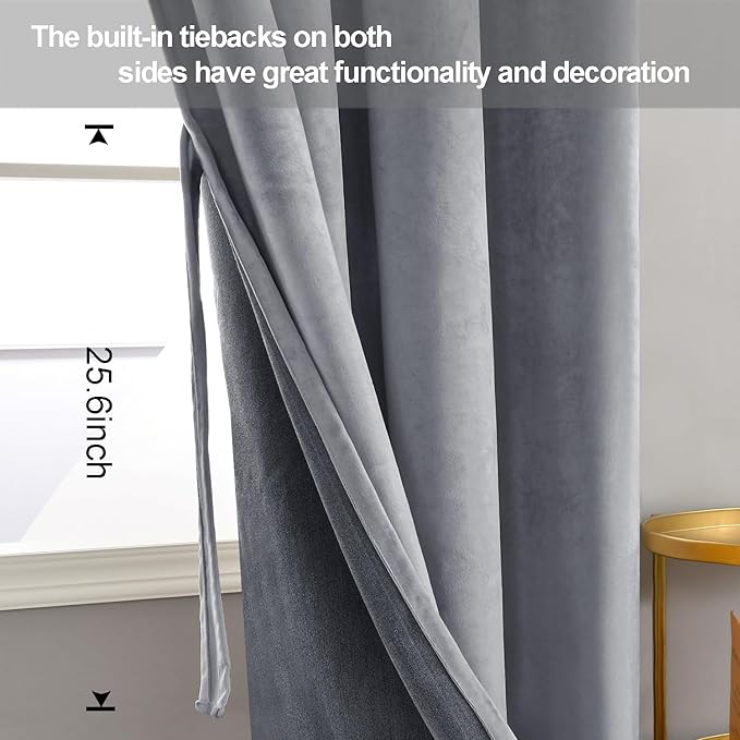 JIUZHEN Grey Velvet Curtains 63 inches Blackout Curtains