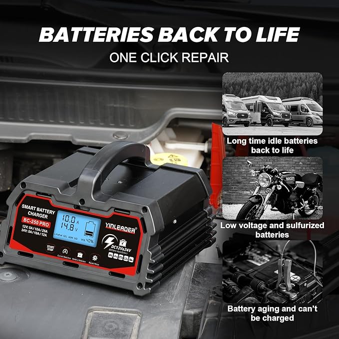 Battery Charger 25A, 12V/24V Lead Acid Smart Battery Charger, 12V LiFePO4 Car