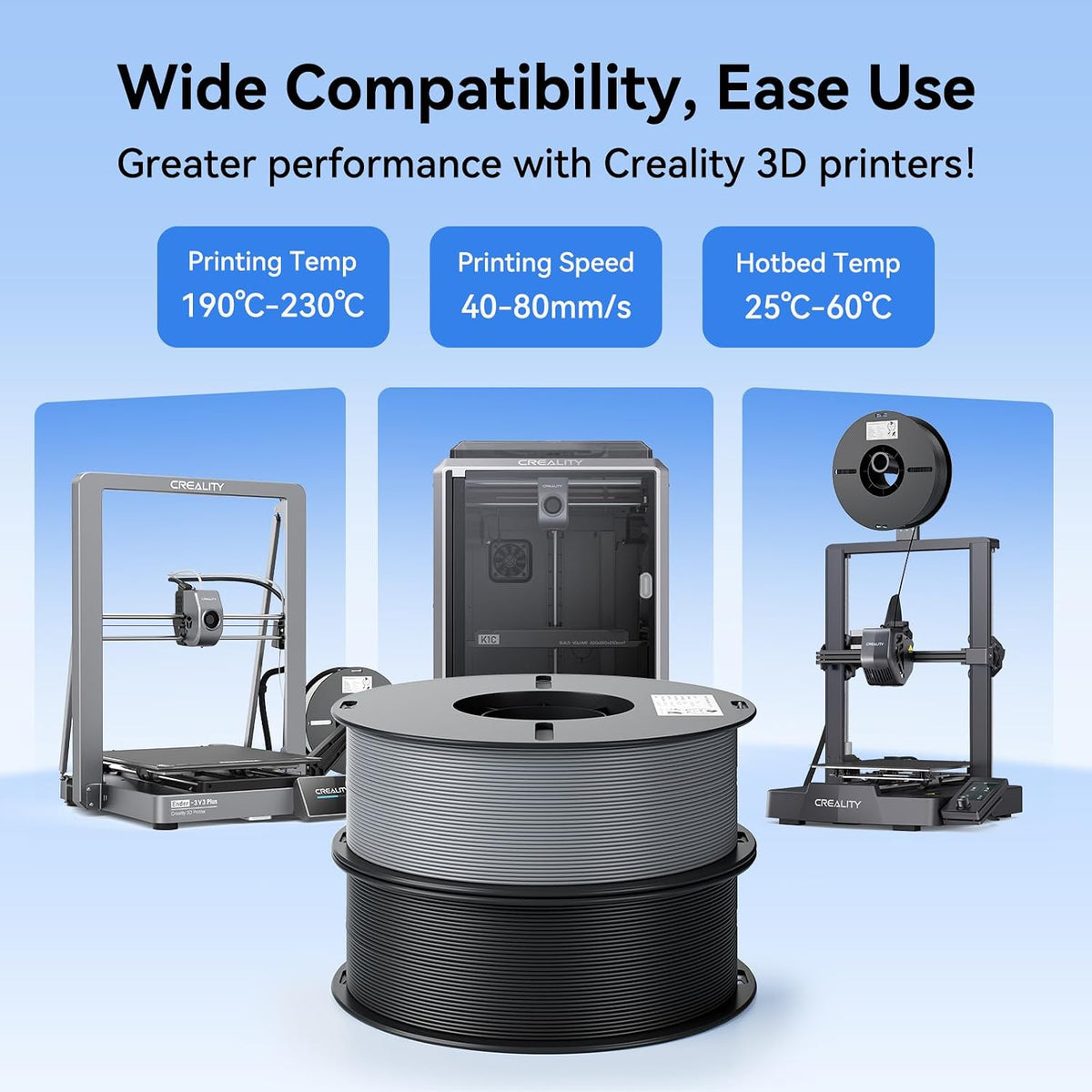 creality pla 3d printer filament, black & grey, side view