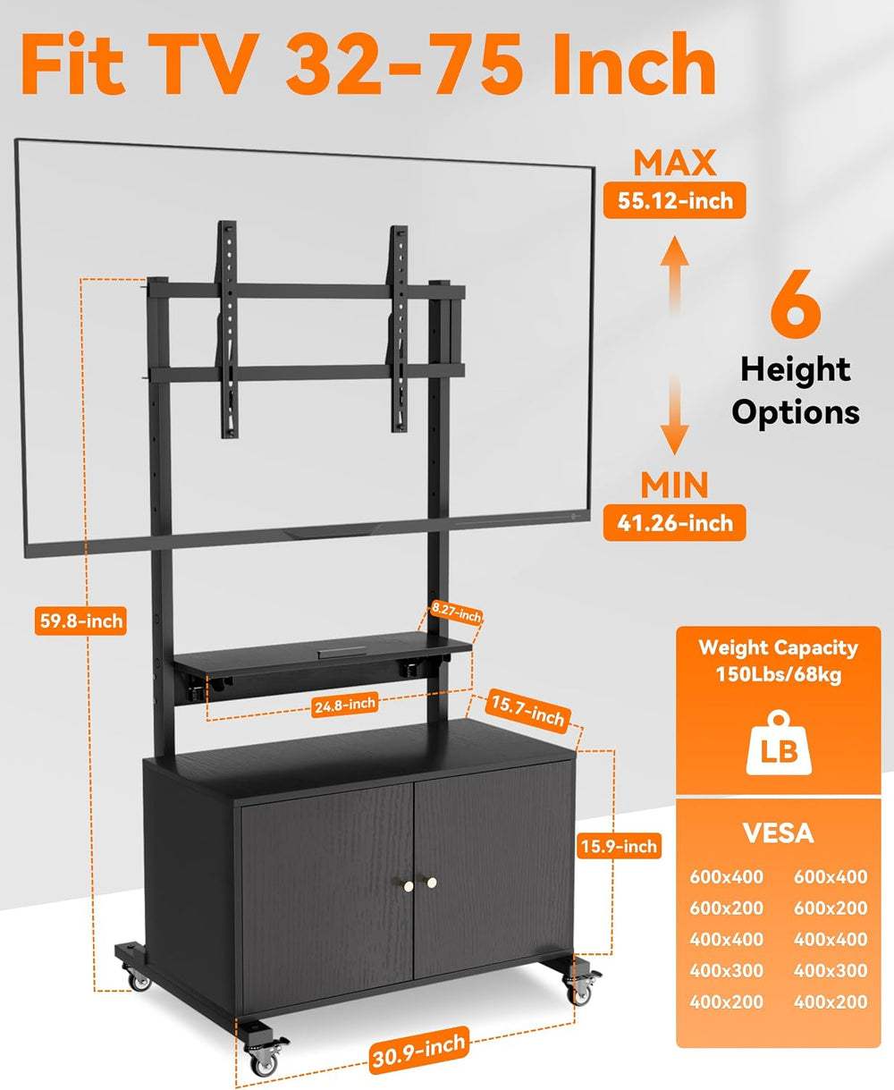 KAMIWI Rolling TV Stand, Mobile TV Cart for 32-75-Inch TVs up to 150lbs