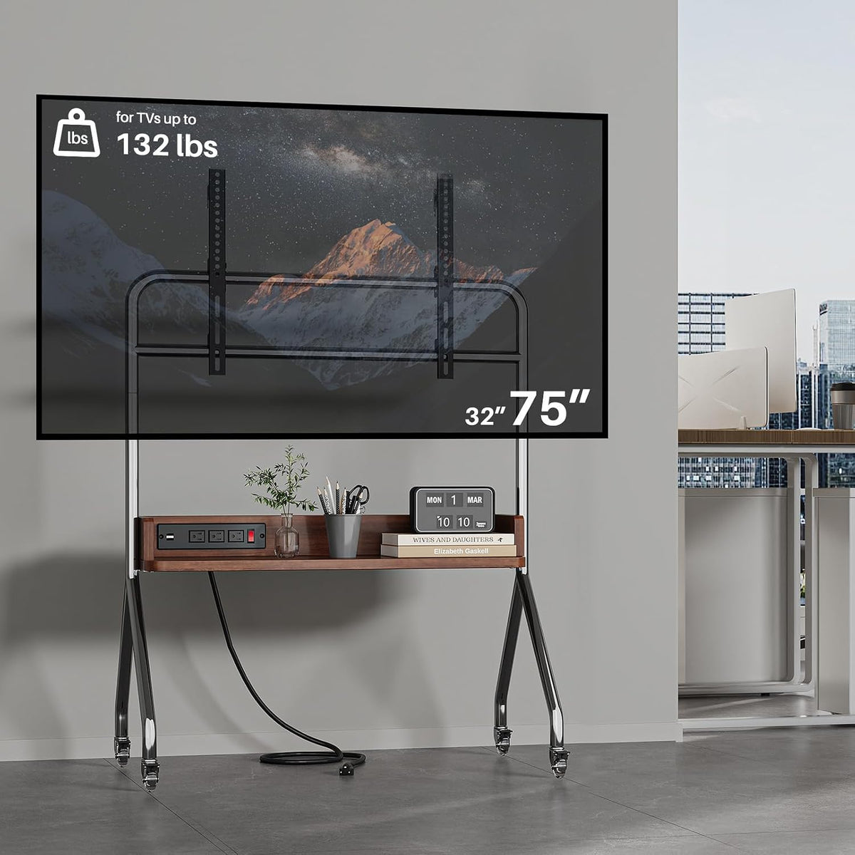 Rolling TV Stand with Power Outlet & Wooden Shelf,Stainless Steel Mobile TV Carts for 32-75 Inch TVs up to 110 lbs,Height Adjustable Portable TV Stand with Wheels for Home Office,Max VESA 600x400mm
