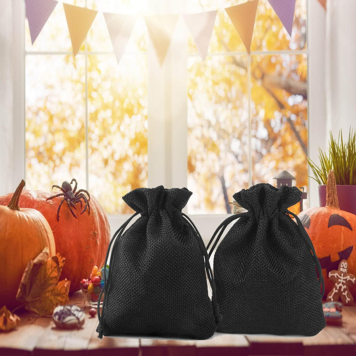 50Pcs Black Burlap Bags with Drawstring, 5.9x7.5 inch Jute Favor Sacks Linen Treat Bags for Halloween, Wedding, Party, Memorial Day, DIY Craft