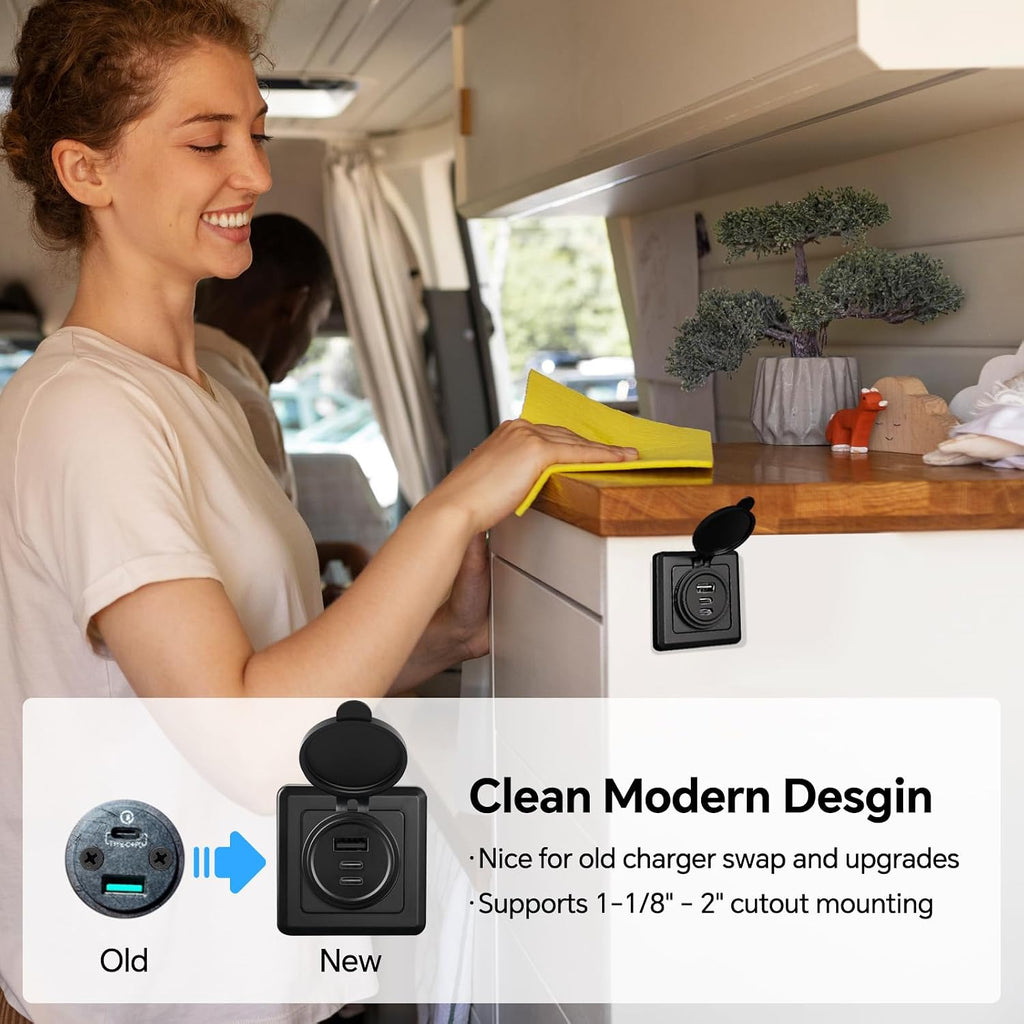rv usb wall outlet, 3 port dual usb-c, close-up detail