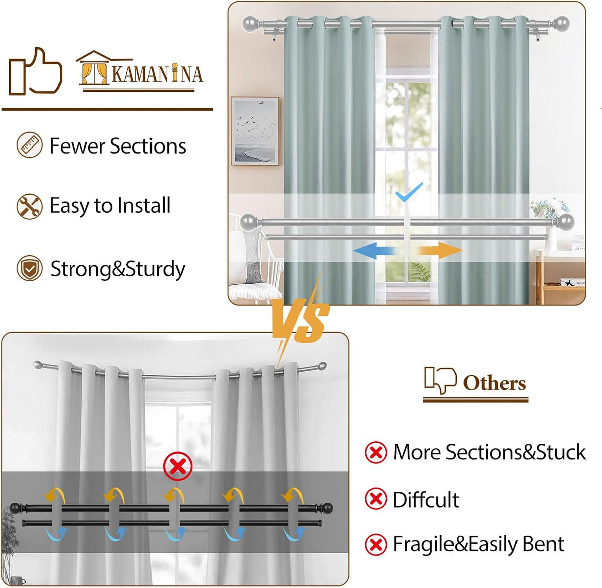KAMANINA Double Curtain Rods 66 to 120 Inches, Adjustable, Antique Silver | Heavy Duty 1 Inch, Dual Drapery Rod for Sliding Glass Door, Bedroom, Fewer Rods, Easy Install, Decorative Round Finials