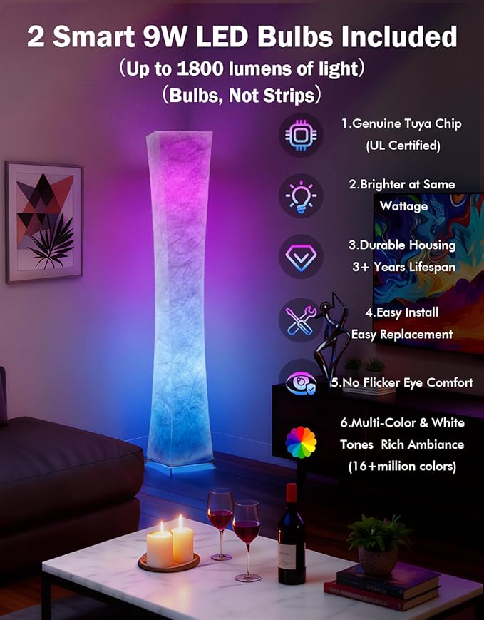 LEONC RGB+CCT Floor Lamp with Remote, 1800lm LED Tuya Smart 9W×2 Bulbs