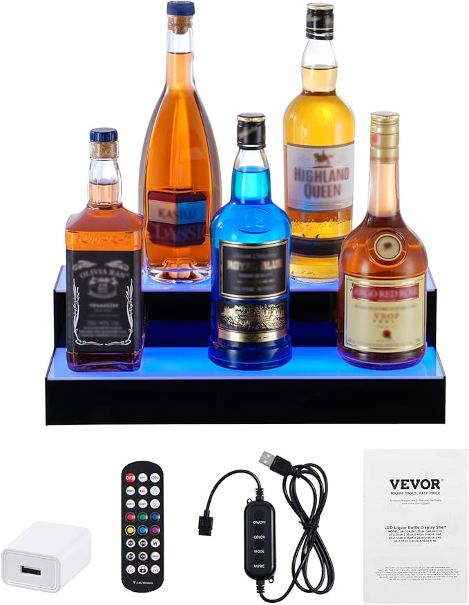VEVOR LED Lighted Liquor Bottle Display, 2 Tiers 16 Inch Commercial Illuminated