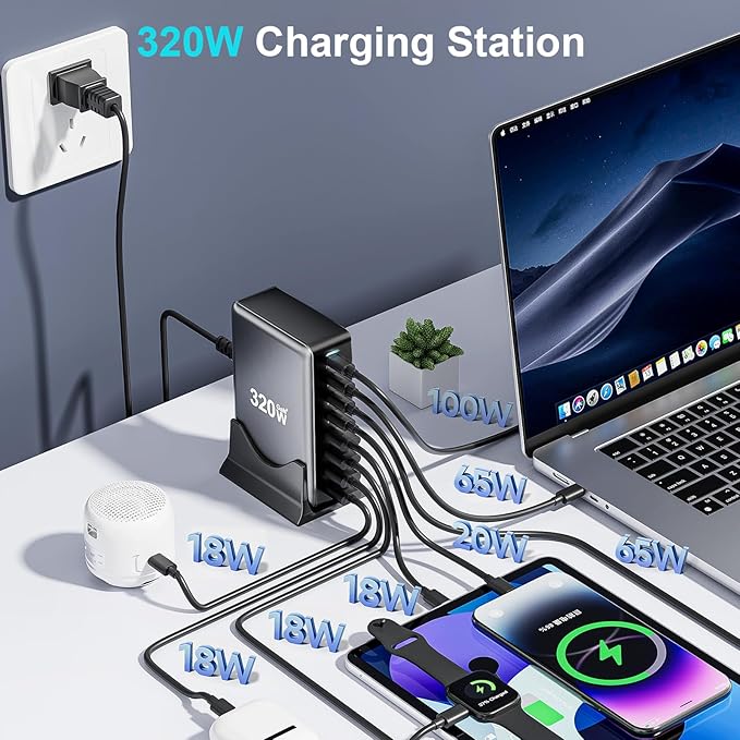 320W USB C Fast Charger Block, 8 Port USB Charging Station, GaN Ⅲ Pro 100W PD