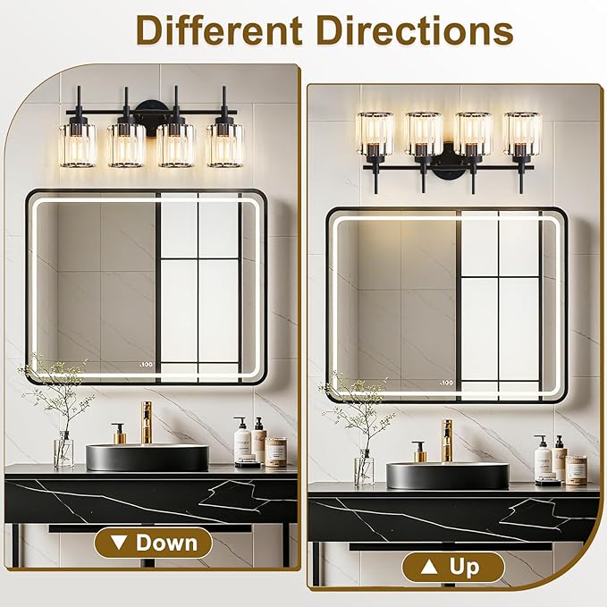 EJIAXIN 4 Light Round Crystal Vanity Lights, Modern Black Crystal Wall Light