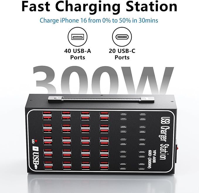 300W USB Charging Station, 60 Port USB C Charger Block, USB Charger hub