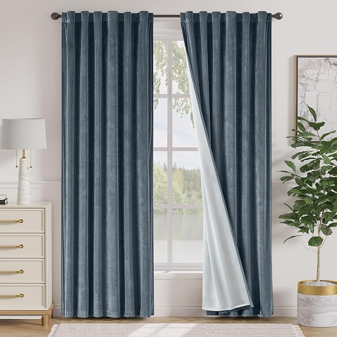Lazzzy Blue Blackout Velvet Curtains 84 Inch Long Thermal Insulated Room