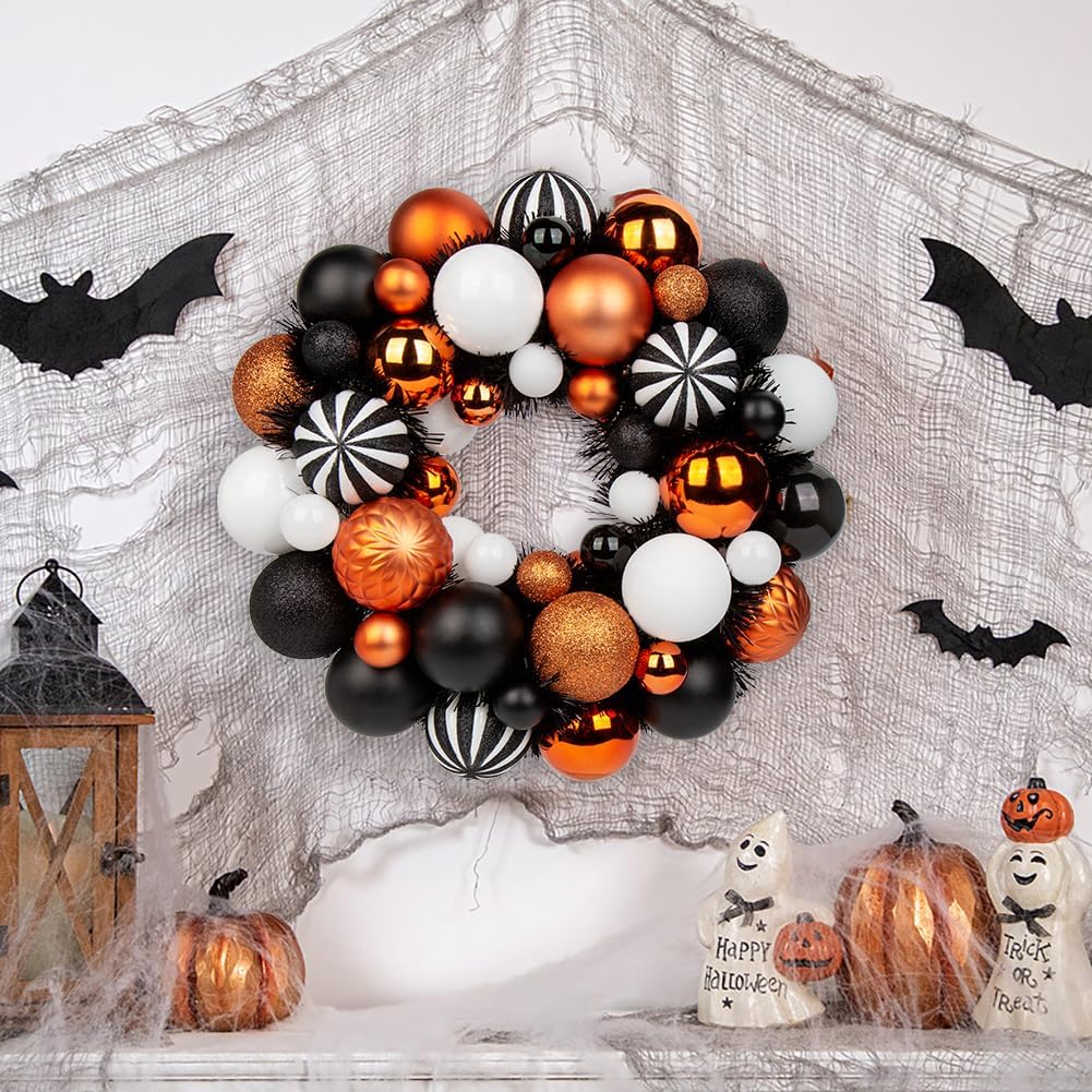Halloween Ball Wreath 13" Xmas Wreaths Ornaments Glitter Thicken Shatterproof Garland Decoration for Door Wall Mantel Holiday Christmas Party Decor, White & Black & Orange