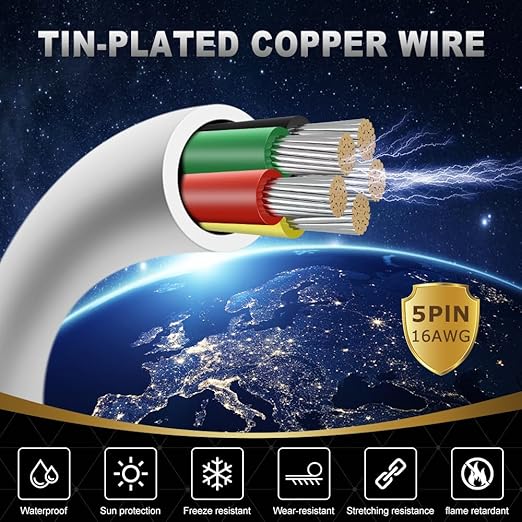16 Gauge 5 Conductor Electrical Wire, 32.8FT White Stranded Low Voltage 16/5