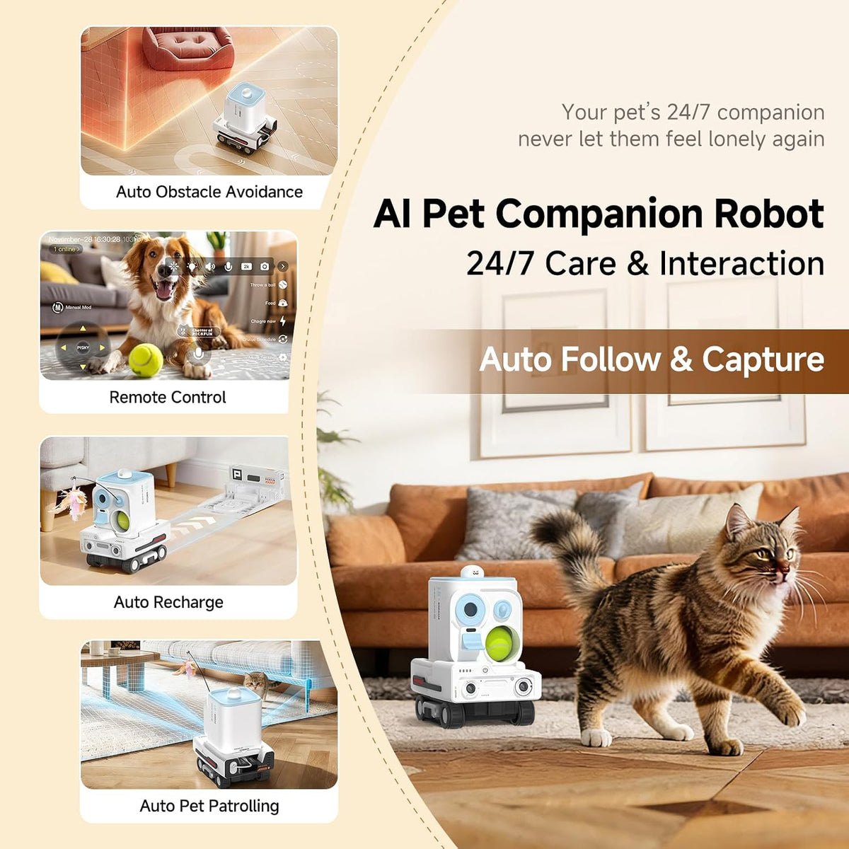 pmate self-moving pets camera ai-powered rover with auto shown in use