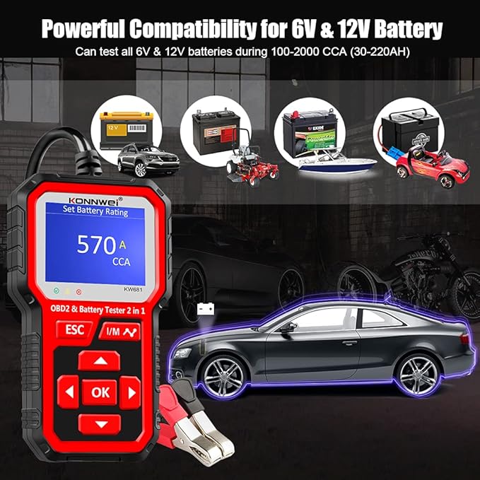 KONNWEI KW681 OBD2 Scanner 6V 12V Car Battery Tester, 2 in 1 Car Diagnostic