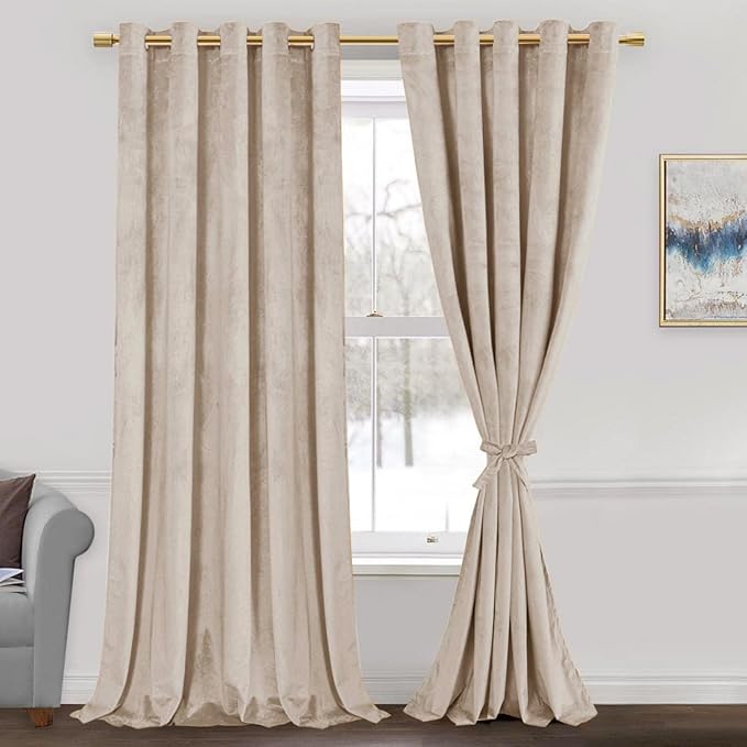 JIUZHEN Beige Velvet Curtains 96 inches