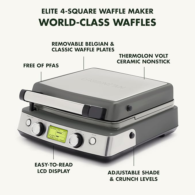 GreenPan Elite 4-Square Belgian & Classic Waffle Maker, Healthy Ceramic
