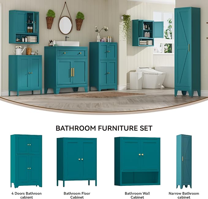 Narrow Metal Cabinet with 4 Adjustable Shelves and Barn Doors, Tall Bathroom