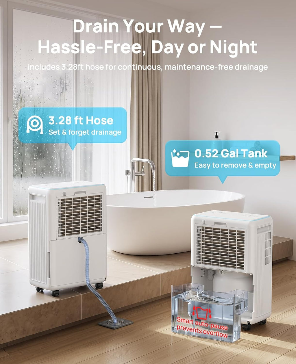 26-Pint Dehumidifier, Dehumidifier for Basement with Drain Hose, 2600 sq ft