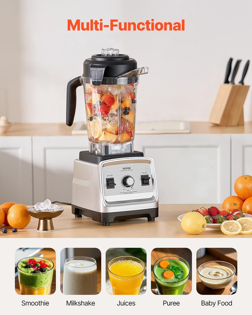 VEVOR Professional Blender for Smoothies, 85 oz 1400W,with Powerful Motor, Mu...
